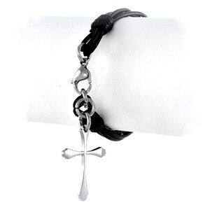 Silver Cross Charm Black Stranded Bracelet 7.5"